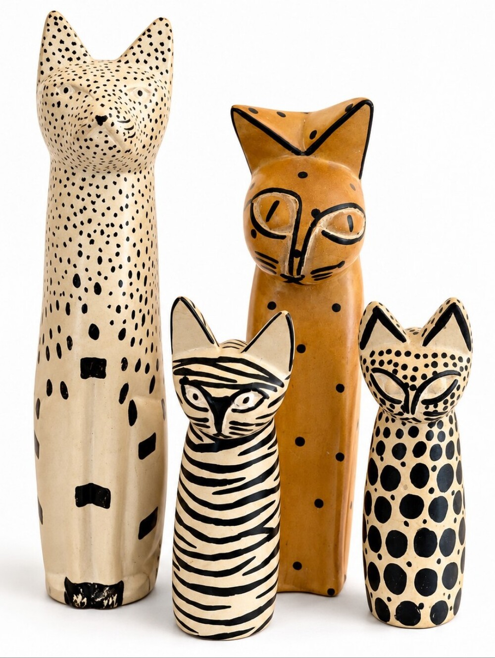 Set 4 World Market Kenya Soapstone Cat Figurines Hand Carved Painted Folk Art
